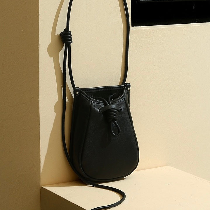 Genuine Leather Drawstring Crossbody Mini Bag for Women