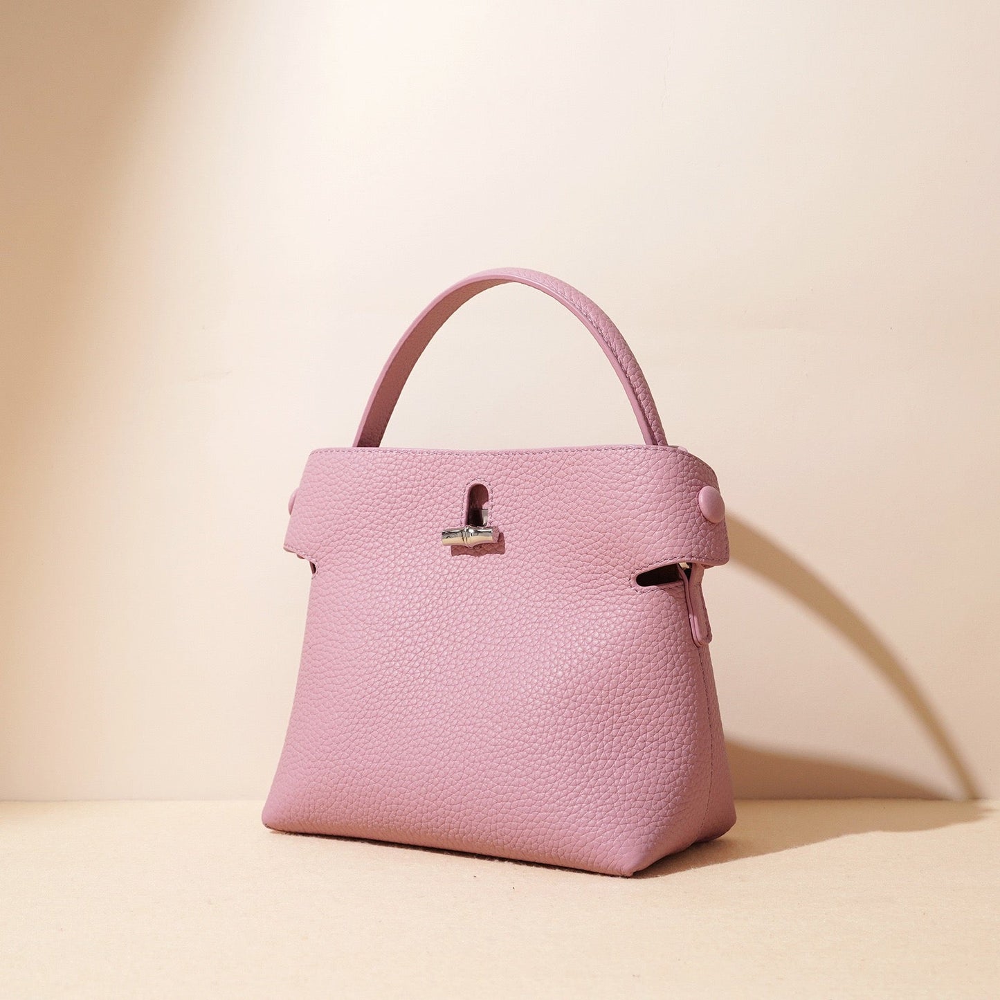 Genuine Cowhide Elegant Bucket Bag with Bamboo Handles