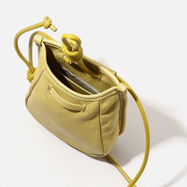 Genuine Leather Drawstring Crossbody Mini Bag for Women