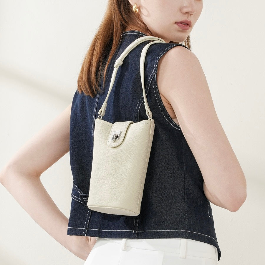 Genuine Leather Drawstring Bucket Phone Bag for Women