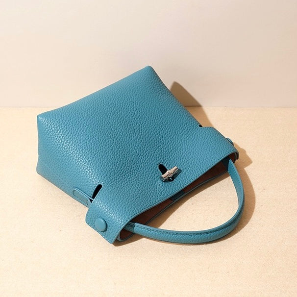 Genuine Cowhide Elegant Bucket Bag with Bamboo Handles