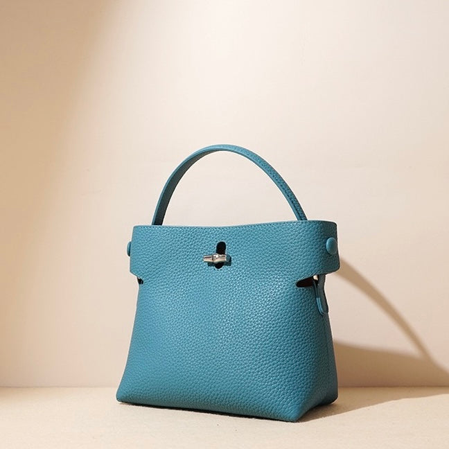 Genuine Cowhide Elegant Bucket Bag with Bamboo Handles