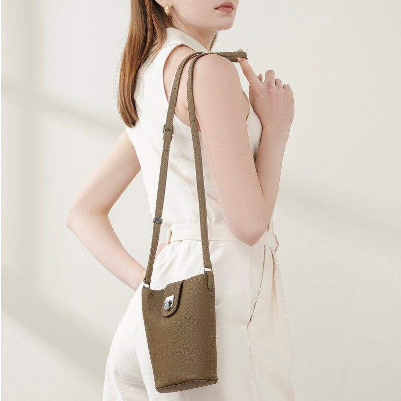 Genuine Leather Drawstring Bucket Phone Bag for Women