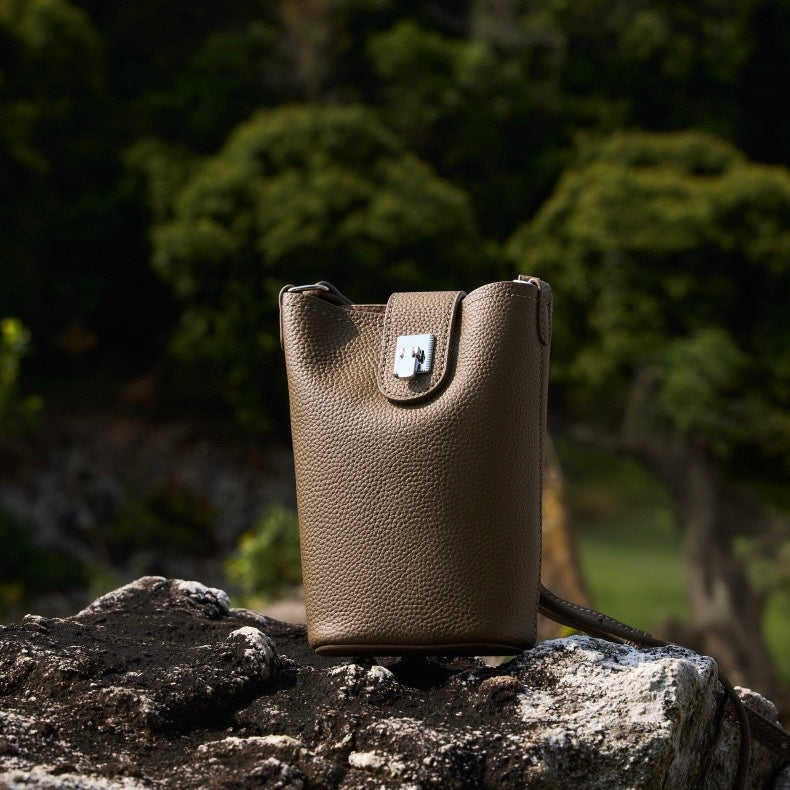 Genuine Leather Drawstring Bucket Phone Bag for Women