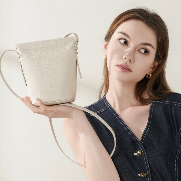 Genuine Leather Drawstring Bucket Phone Bag for Women