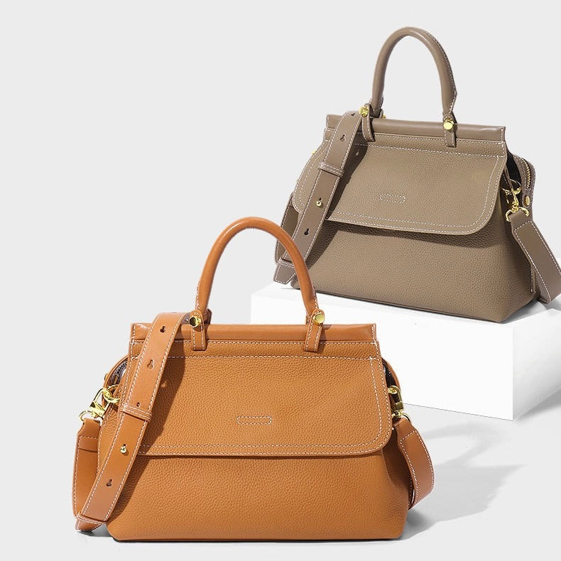 Exquisite Genuine Leather Flip-Top Commuter Handbag