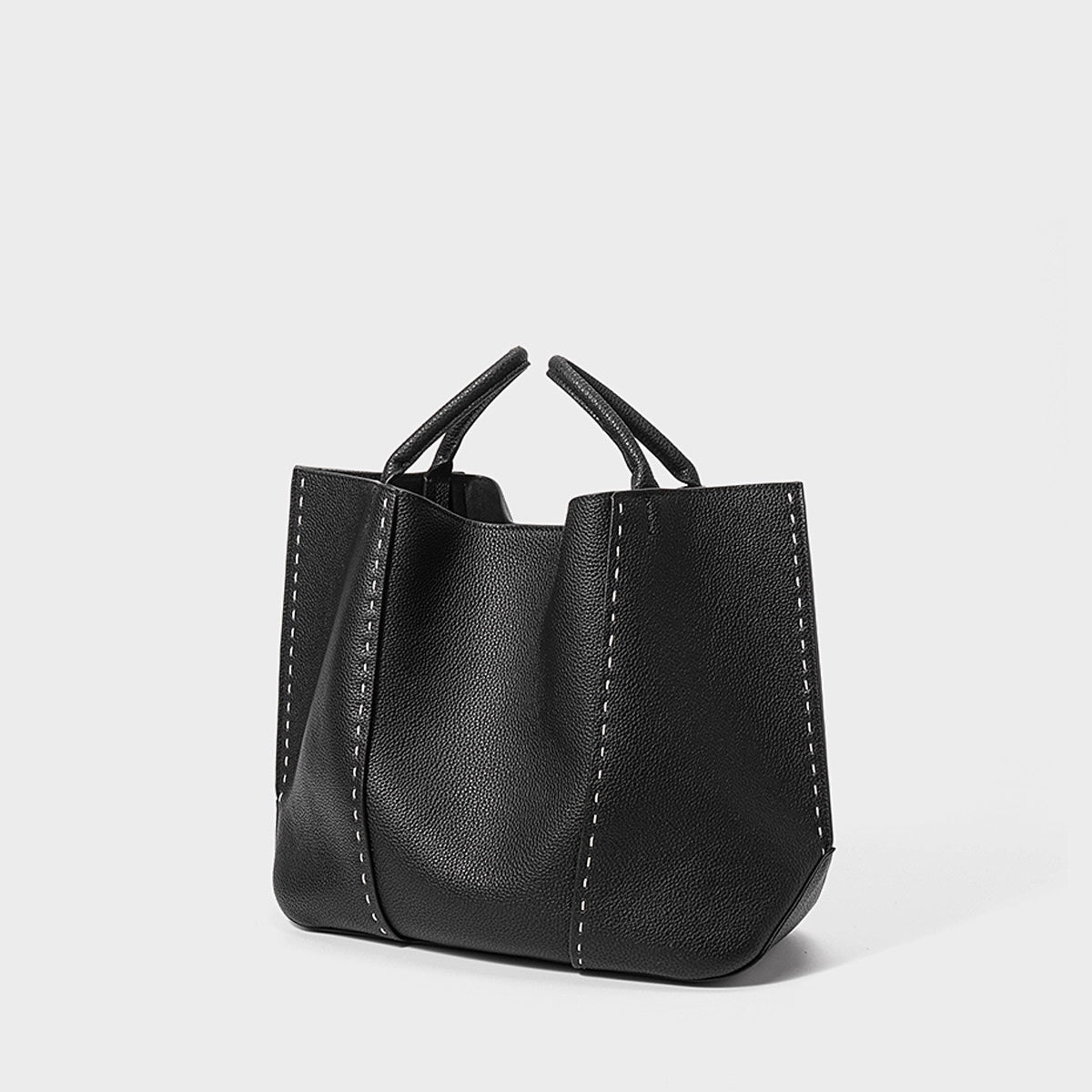 Elegant Contrast-Stitch Genuine Leather Tote Bag