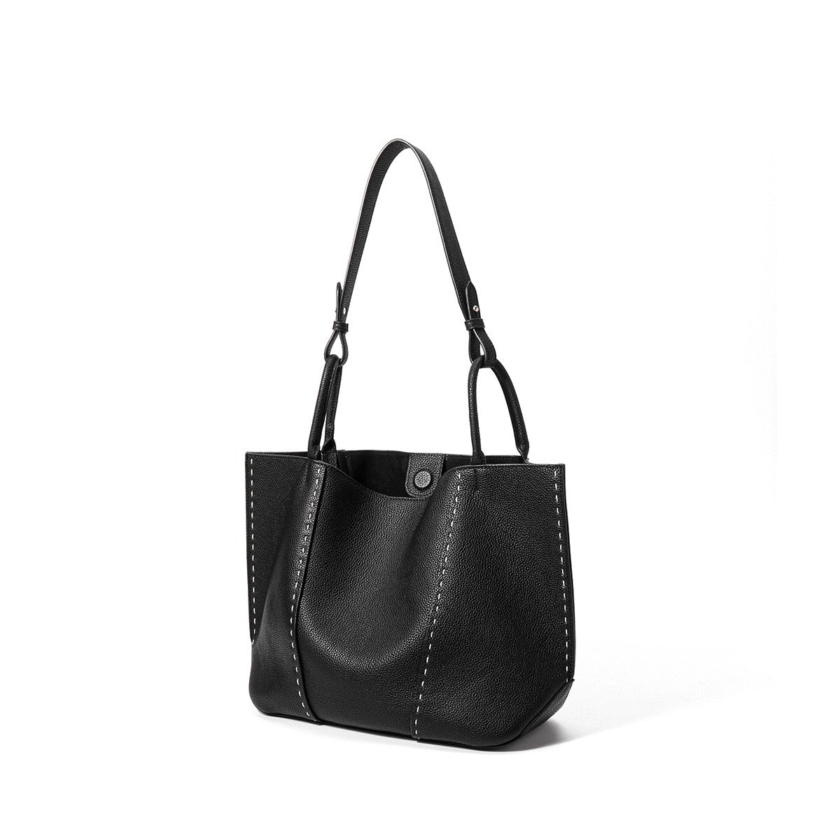 Elegant Contrast-Stitch Genuine Leather Tote Bag