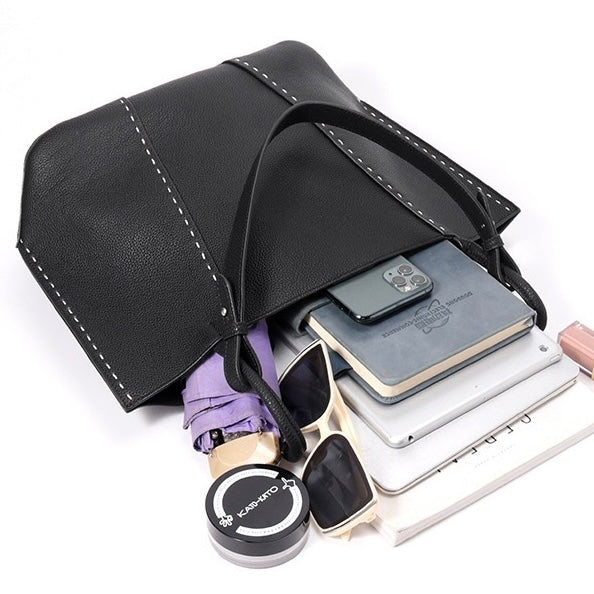 Elegant Contrast-Stitch Genuine Leather Tote Bag