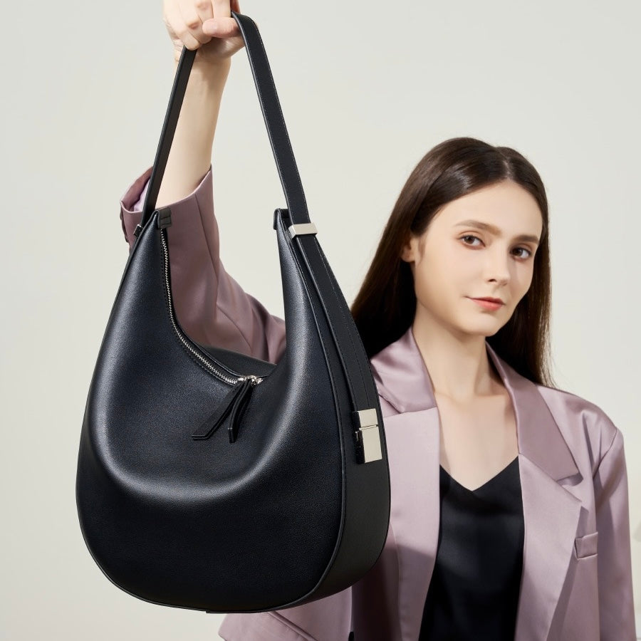 Elegant Minimalist Genuine Leather Crescent Shoulder Handbag