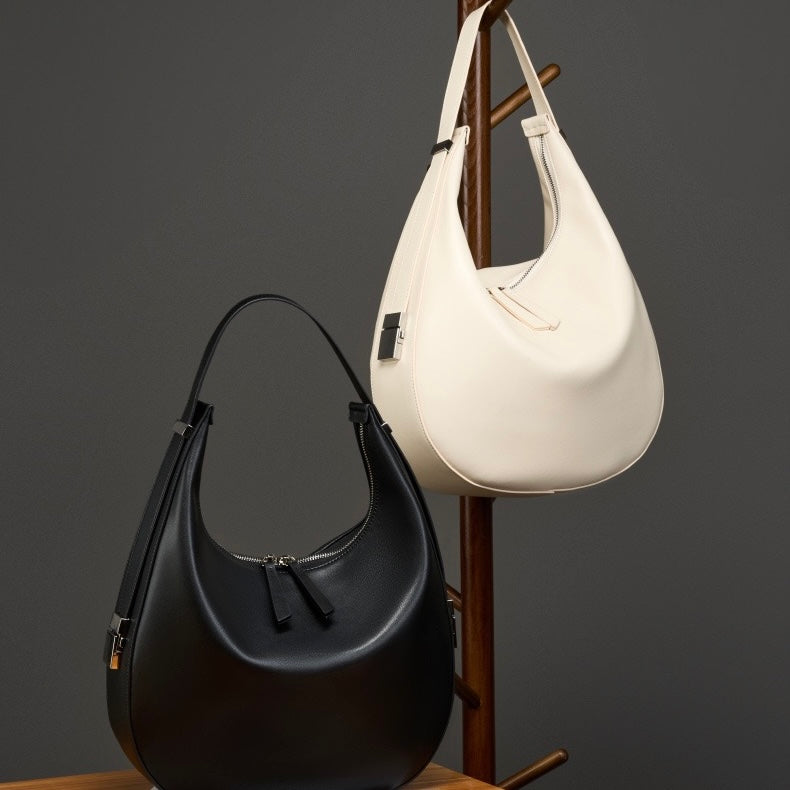 Elegant Minimalist Genuine Leather Crescent Shoulder Handbag