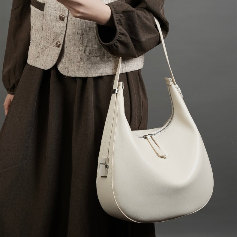 Elegant Minimalist Genuine Leather Crescent Shoulder Handbag