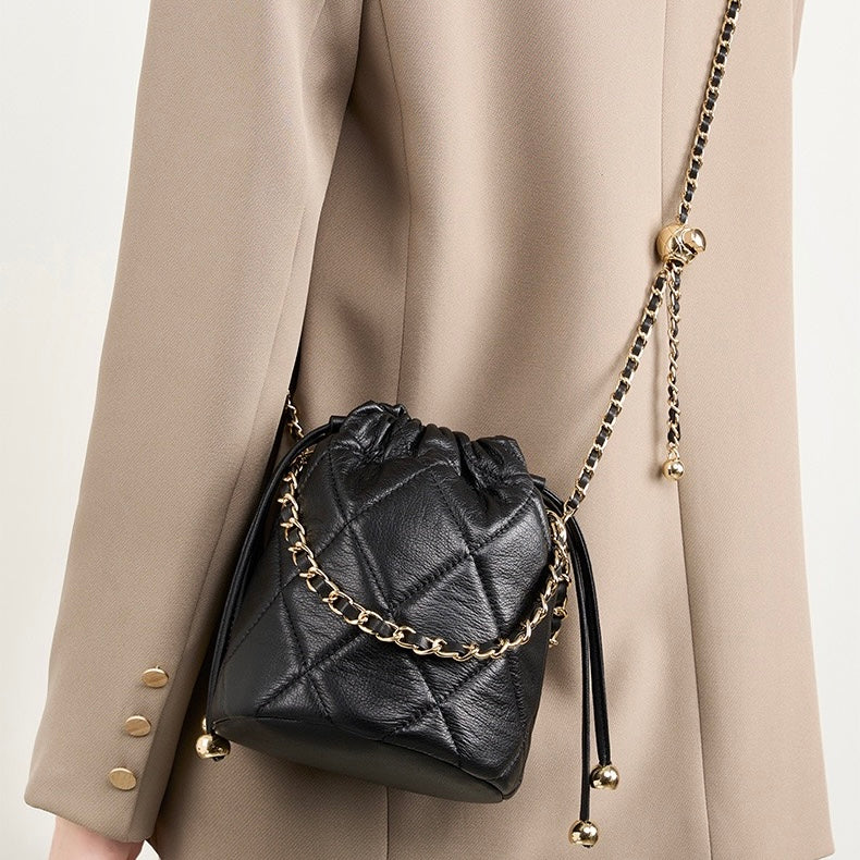 Chic Genuine Leather Bucket Bag with Elegant Chain Strap
