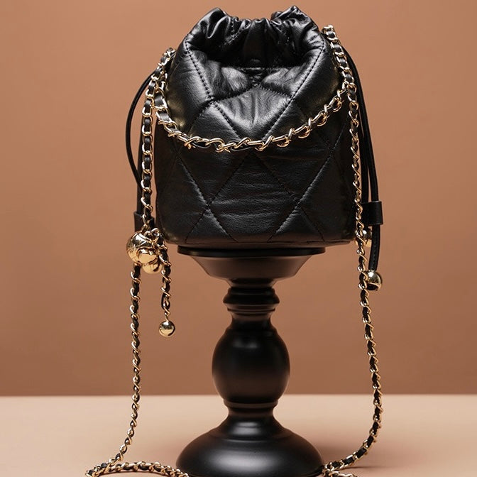 Chic Genuine Leather Bucket Bag with Elegant Chain Strap