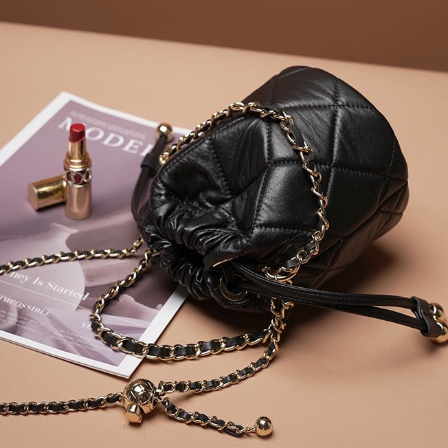 Chic Genuine Leather Bucket Bag with Elegant Chain Strap