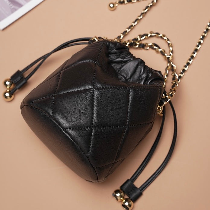 Chic Genuine Leather Bucket Bag with Elegant Chain Strap