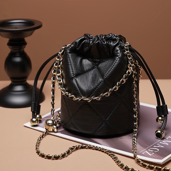 Chic Genuine Leather Bucket Bag with Elegant Chain Strap