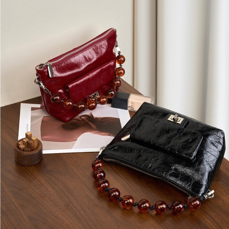 Genuine Leather Pleated Beaded Chain Crossbody Bag in Luxe Black & Angola Red