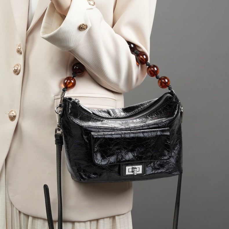 Genuine Leather Pleated Beaded Chain Crossbody Bag in Luxe Black & Angola Red