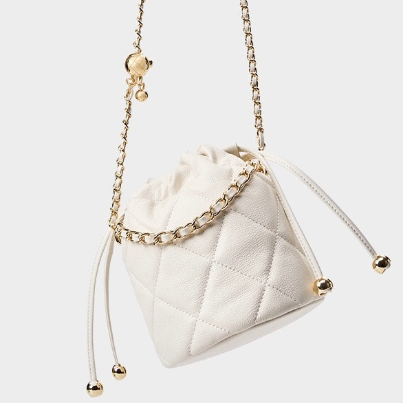 Chic Genuine Leather Bucket Bag with Elegant Chain Strap