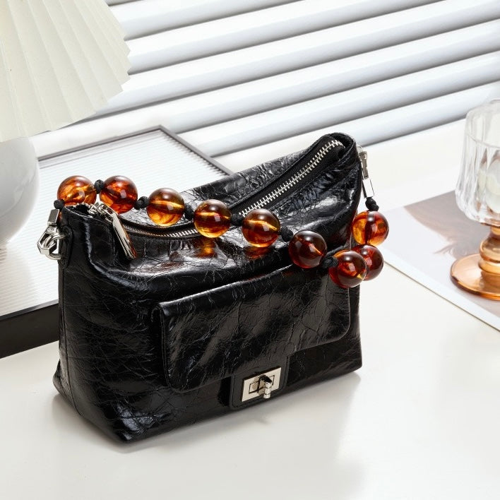 Genuine Leather Pleated Beaded Chain Crossbody Bag in Luxe Black & Angola Red