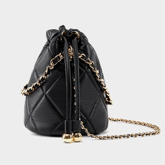 Chic Genuine Leather Bucket Bag with Elegant Chain Strap