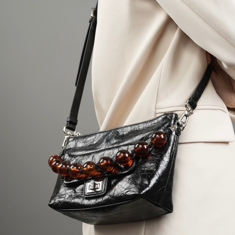 Genuine Leather Pleated Beaded Chain Crossbody Bag in Luxe Black & Angola Red