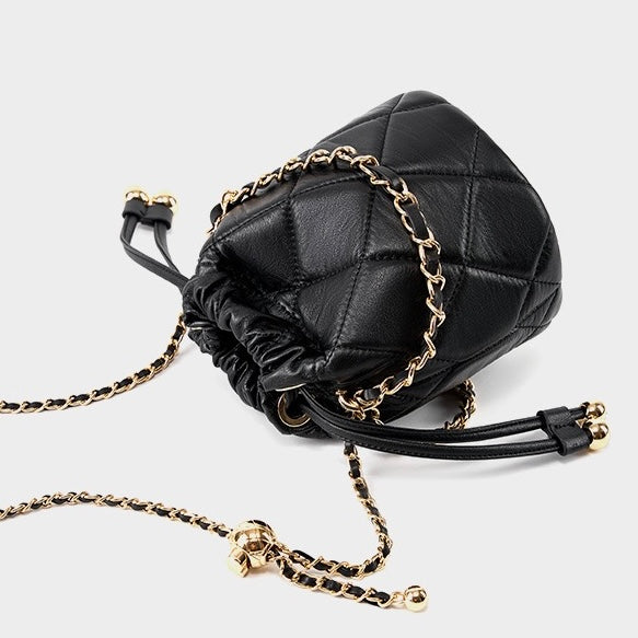 Chic Genuine Leather Bucket Bag with Elegant Chain Strap