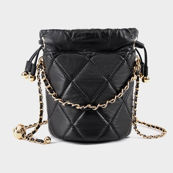 Chic Genuine Leather Bucket Bag with Elegant Chain Strap