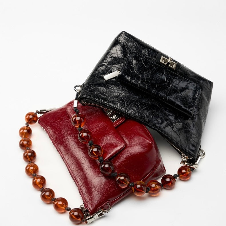 Genuine Leather Pleated Beaded Chain Crossbody Bag in Luxe Black & Angola Red