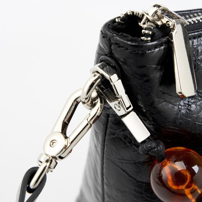 Genuine Leather Pleated Beaded Chain Crossbody Bag in Luxe Black & Angola Red