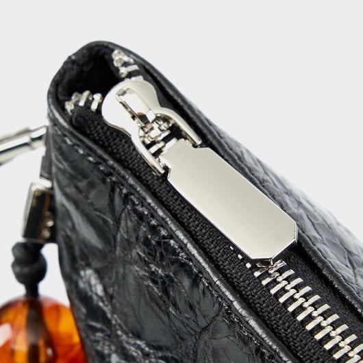 Genuine Leather Pleated Beaded Chain Crossbody Bag in Luxe Black & Angola Red