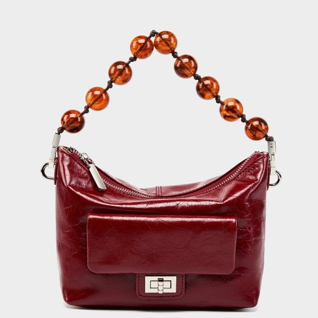 Genuine Leather Pleated Beaded Chain Crossbody Bag in Luxe Black & Angola Red