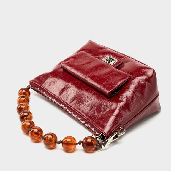 Genuine Leather Pleated Beaded Chain Crossbody Bag in Luxe Black & Angola Red