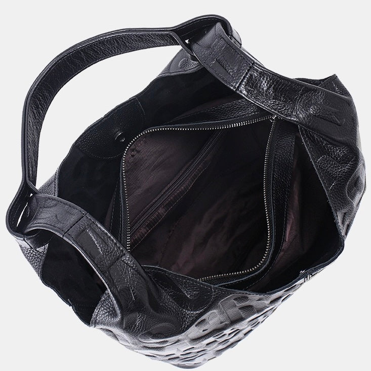 Elegant Black Leather Embossed Hobo Bag