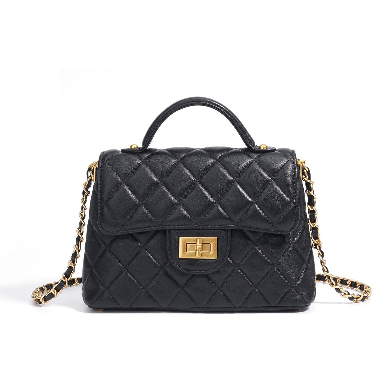 Quilted Sheepskin Chain Lock Crossbody Bag in Classic Black