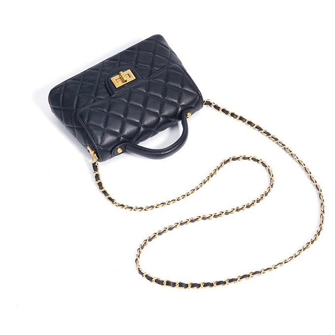 Quilted Sheepskin Chain Lock Crossbody Bag in Classic Black