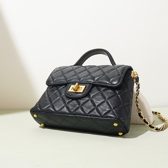 Quilted Sheepskin Chain Lock Crossbody Bag in Classic Black