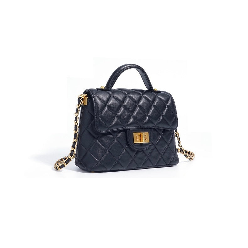 Quilted Sheepskin Chain Lock Crossbody Bag in Classic Black