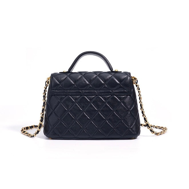 Quilted Sheepskin Chain Lock Crossbody Bag in Classic Black