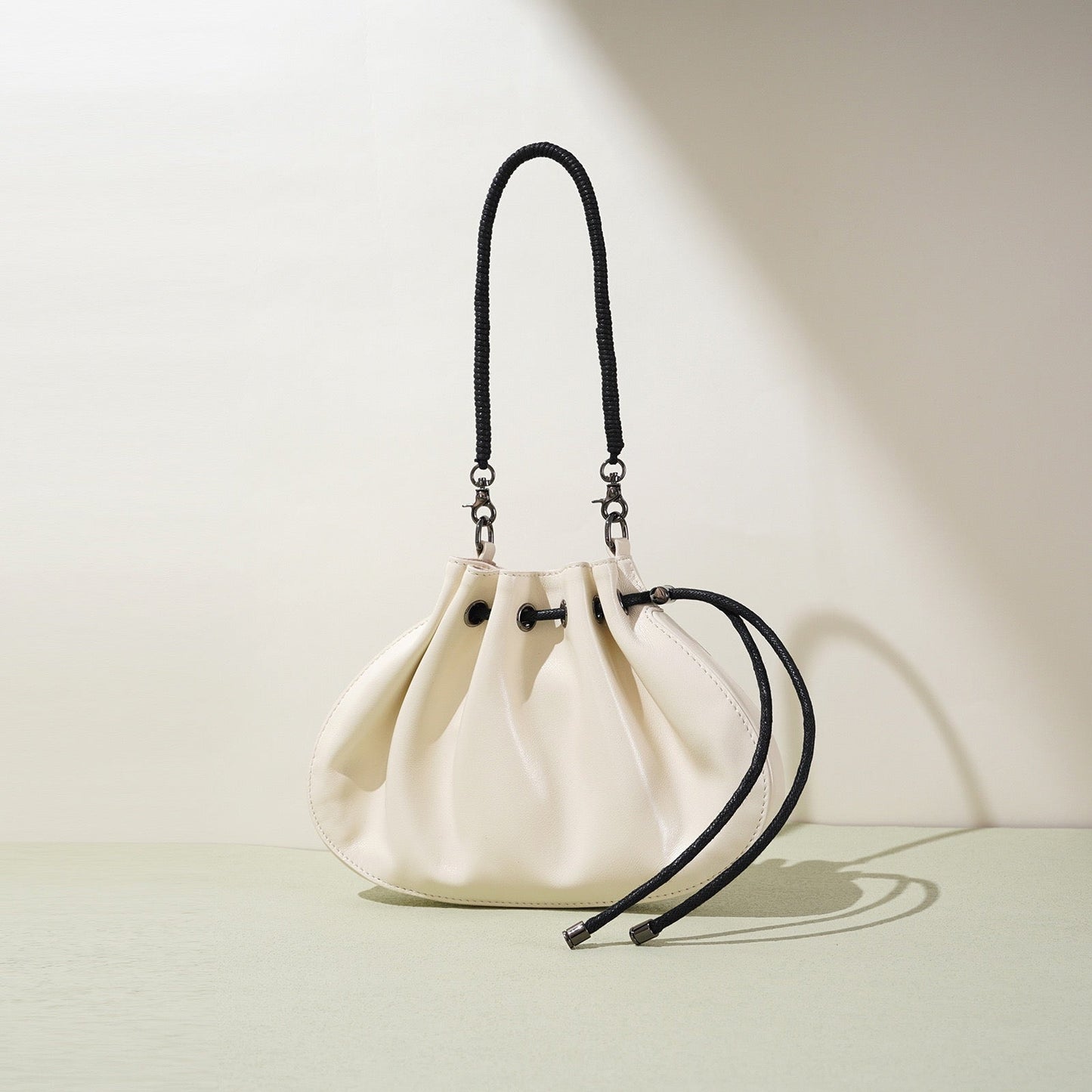 Sheepskin Elegance: Women's Drawstring Crossbody Handbag