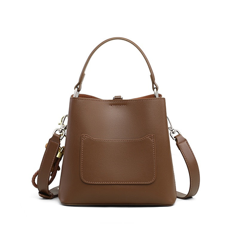 Coffee Genuine Leather Bucket Bag with Charming Bear Accent