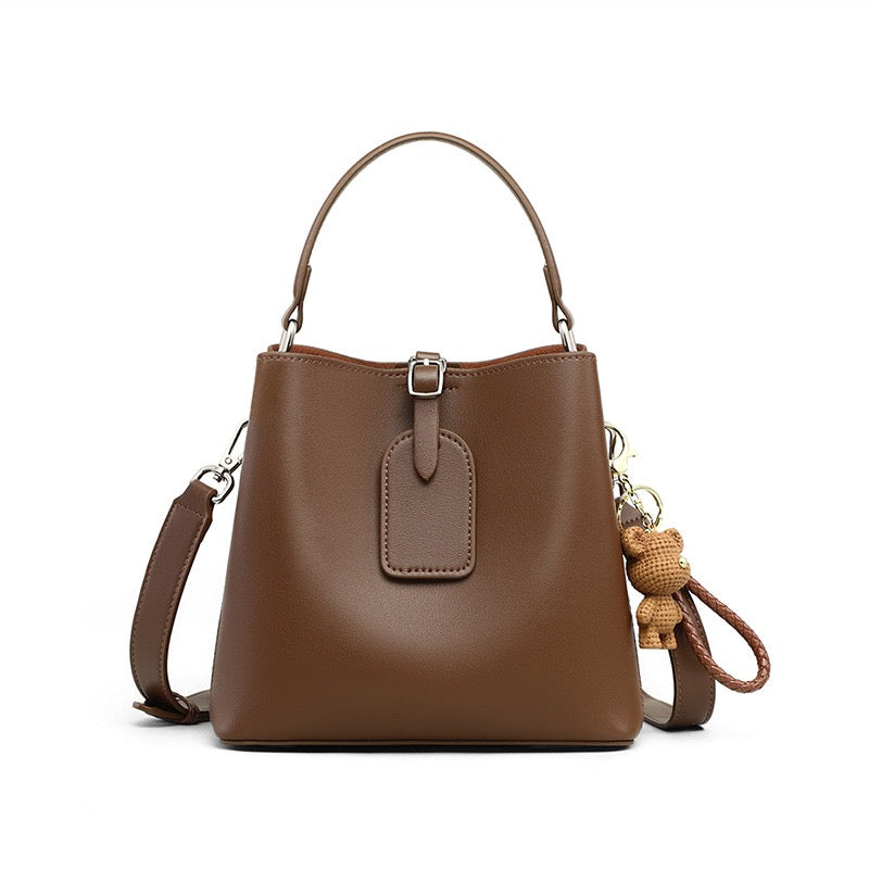 Coffee Genuine Leather Bucket Bag with Charming Bear Accent