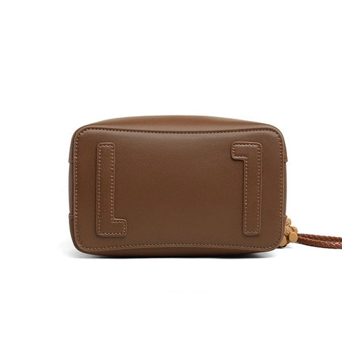 Coffee Genuine Leather Bucket Bag with Charming Bear Accent
