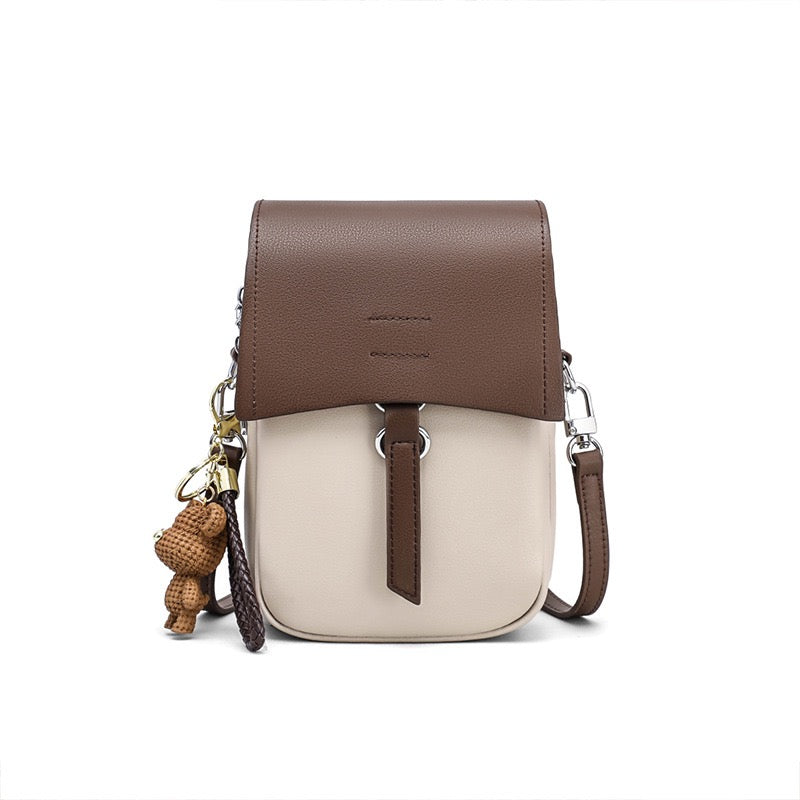Color-Block Genuine Leather Mini Crossbody Bag with Bear Charm
