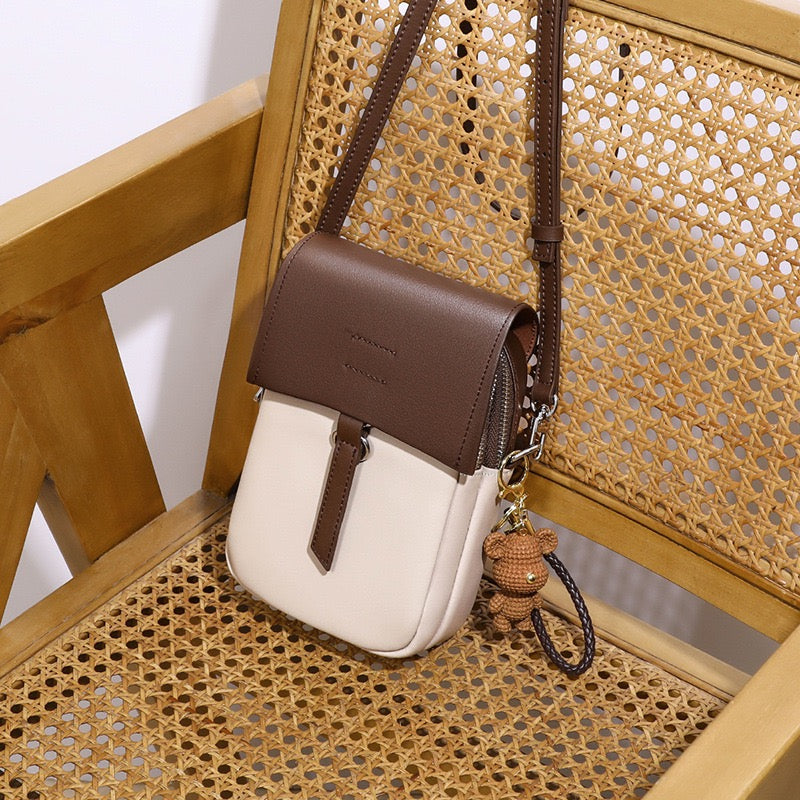Color-Block Genuine Leather Mini Crossbody Bag with Bear Charm