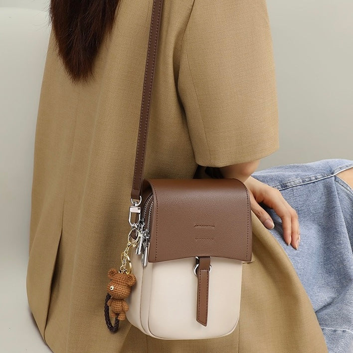 Color-Block Genuine Leather Mini Crossbody Bag with Bear Charm