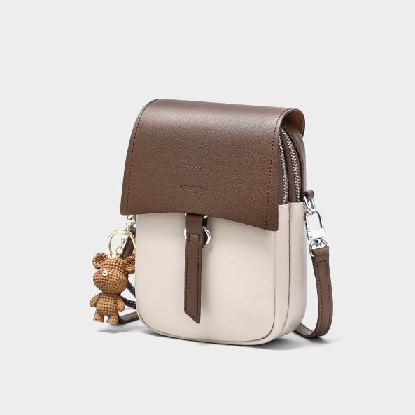 Color-Block Genuine Leather Mini Crossbody Bag with Bear Charm