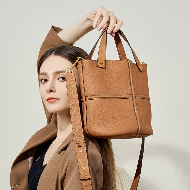 Elegant Genuine Leather Large Capacity Bucket Bag for Women