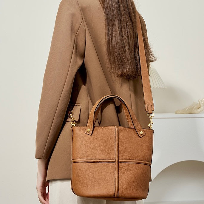 Elegant Genuine Leather Large Capacity Bucket Bag for Women